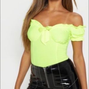 Neon Lime Slinky Frill Edge Bardot Bodysuit 💚